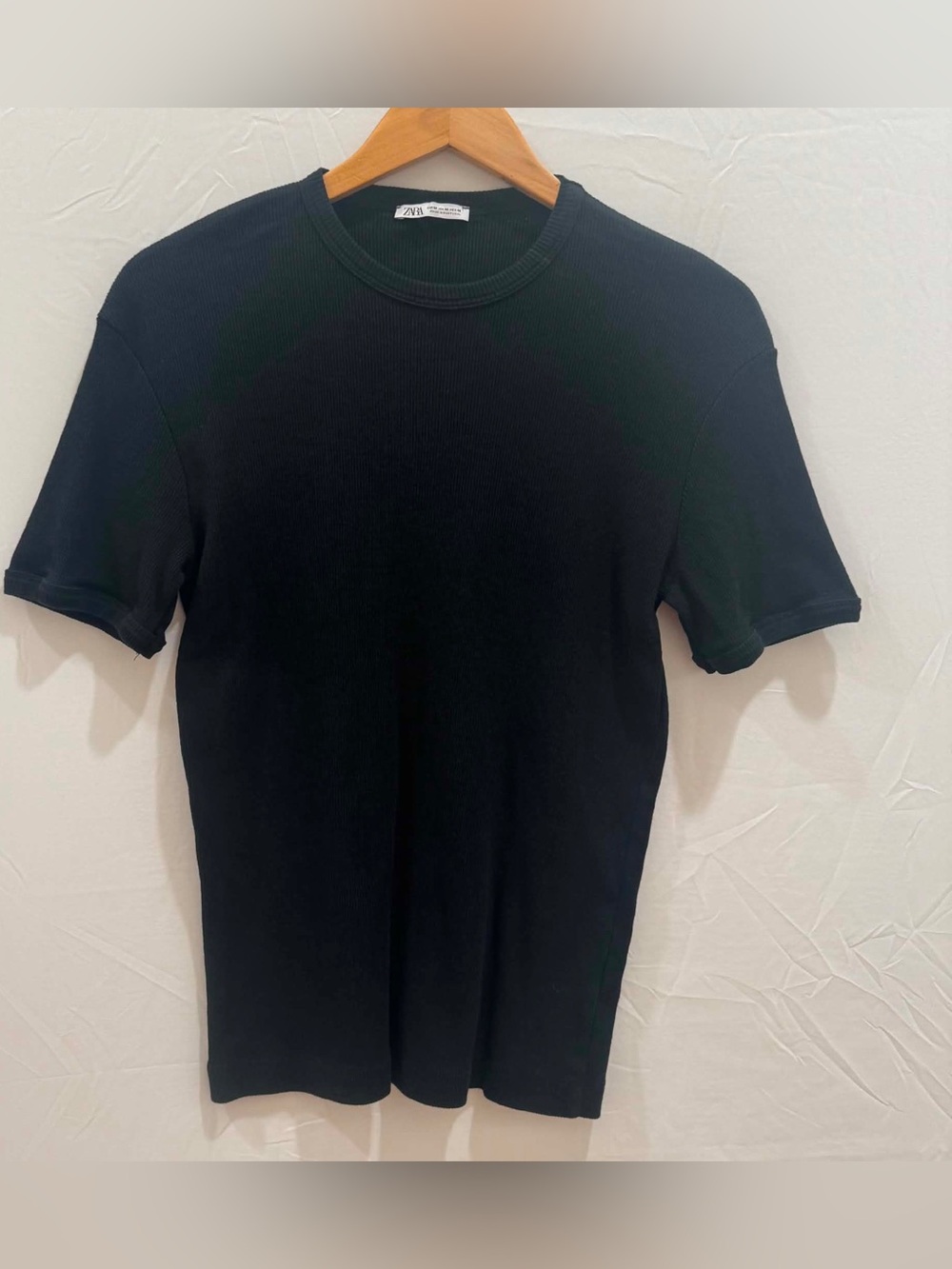 Zara Women's Black Ribbed Crewneck Short Sleeve Tee M
